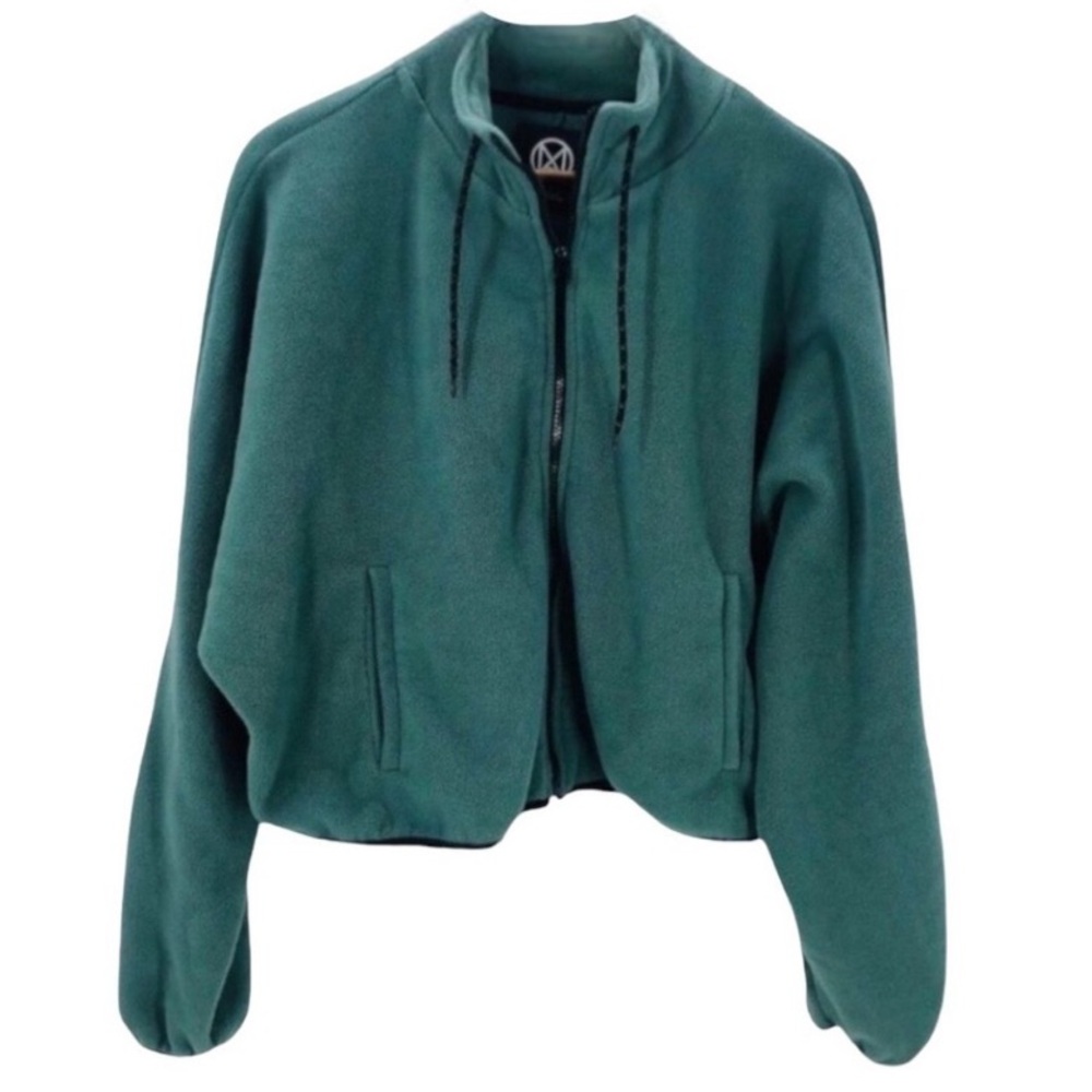 Green Full Zip Long Sleeve Cropped Fleece Jacket size Large